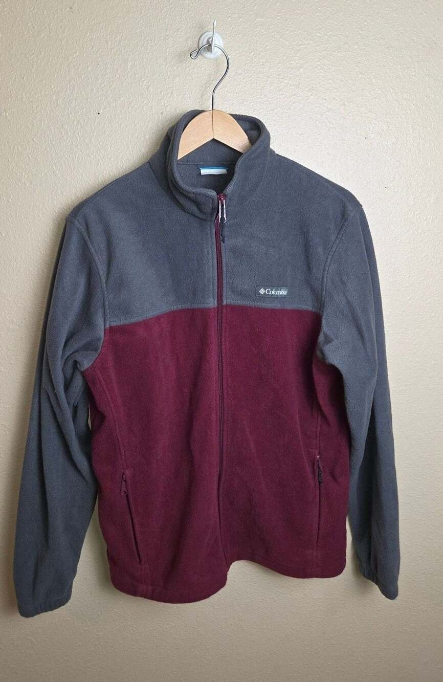 Columbia Full Zip Fleece Jacket Size M Gray Maroon Two Tone